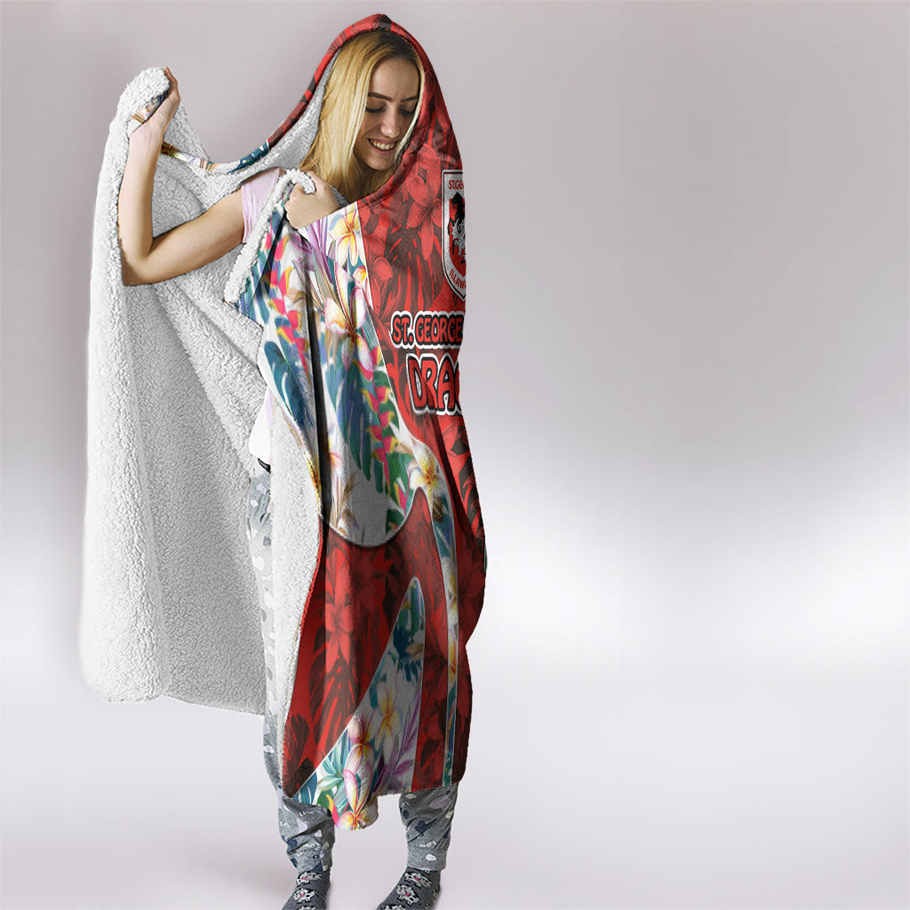 St George Illawarra Dragons Hooded Blanket Tropical Hibiscus Floral Pattern With Red And White Accents