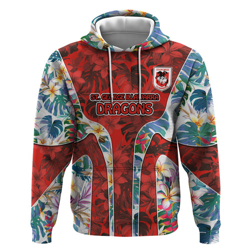St George Illawarra Dragons Hoodie Tropical Hibiscus Floral Pattern With Red And White Accents