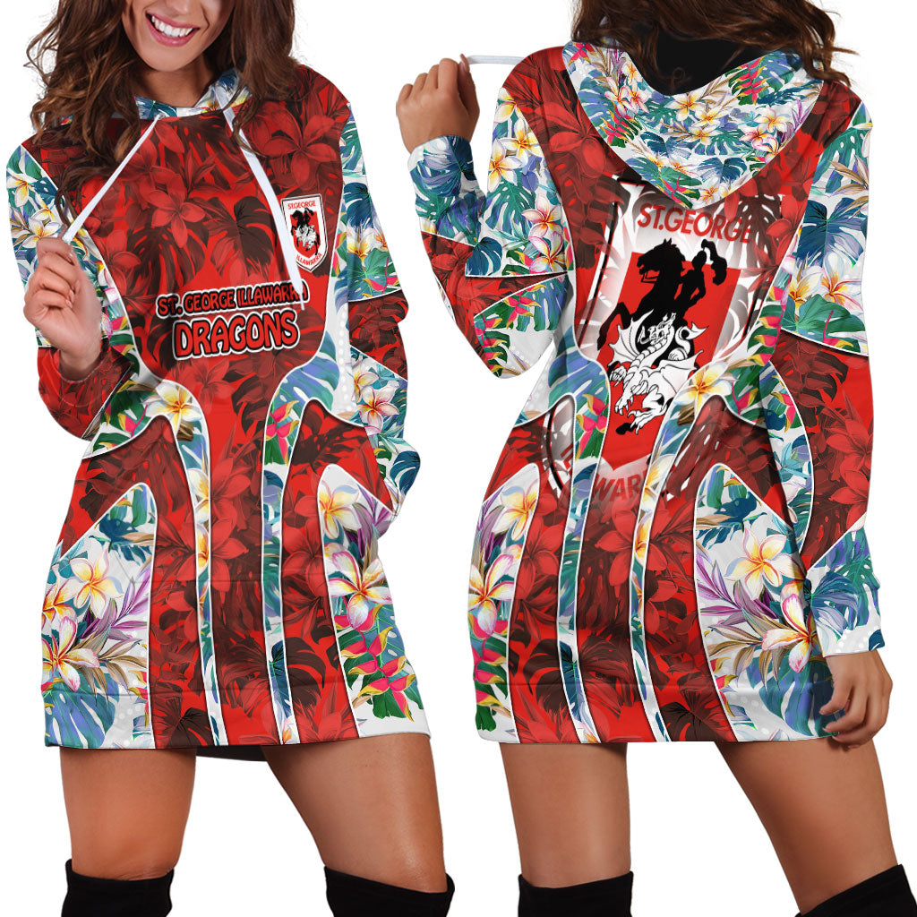 St George Illawarra Dragons Hoodie Dress Tropical Hibiscus Floral Pattern With Red And White Accents