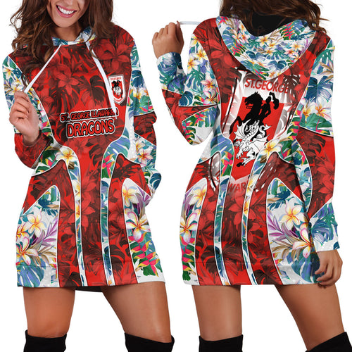St George Illawarra Dragons Hoodie Dress Tropical Hibiscus Floral Pattern With Red And White Accents
