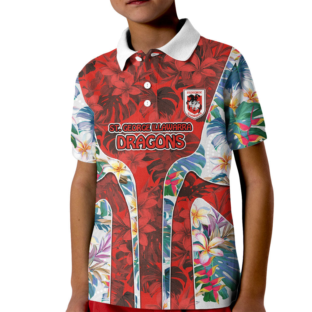 St George Illawarra Dragons Kid Polo Shirt Tropical Hibiscus Floral Pattern With Red And White Accents