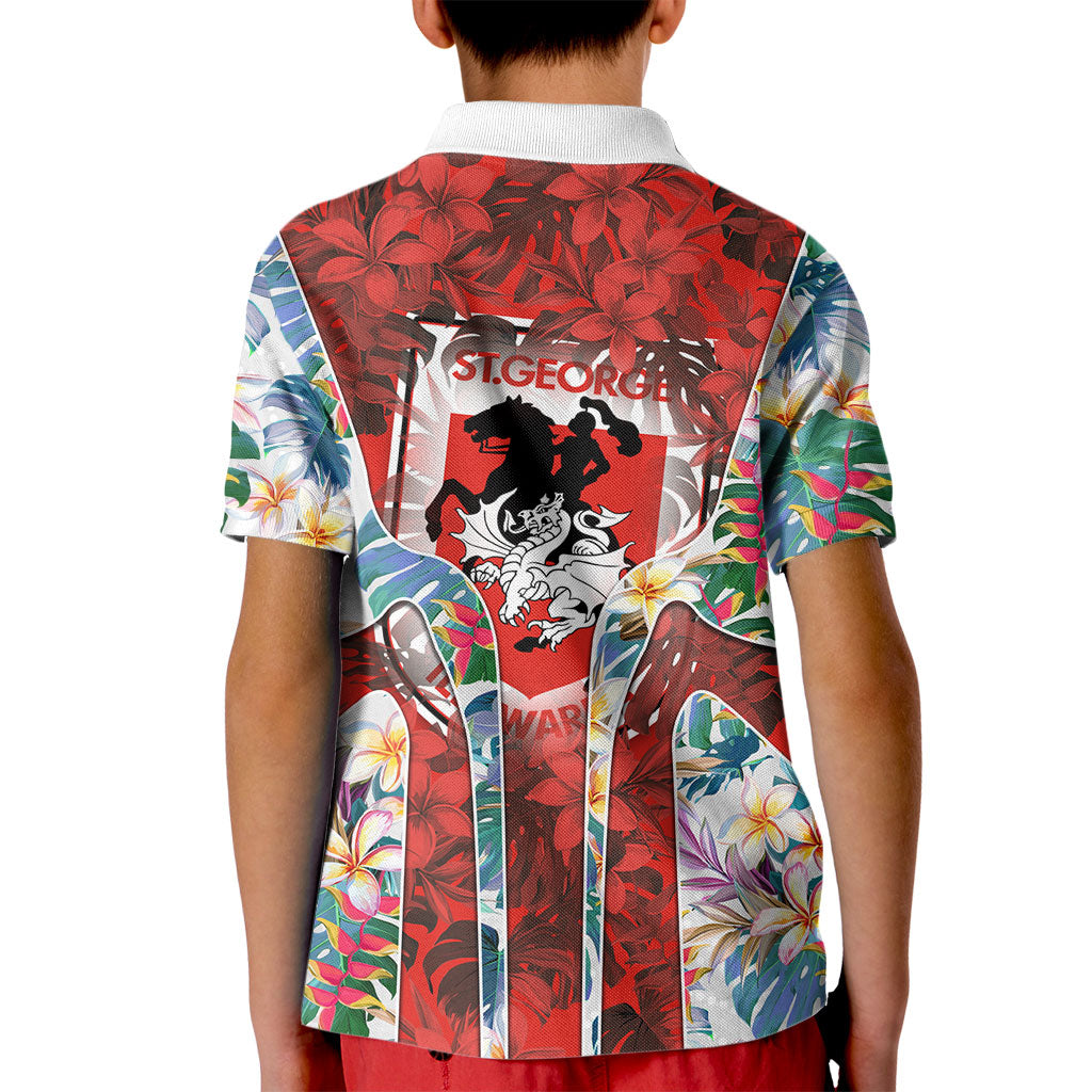 St George Illawarra Dragons Kid Polo Shirt Tropical Hibiscus Floral Pattern With Red And White Accents