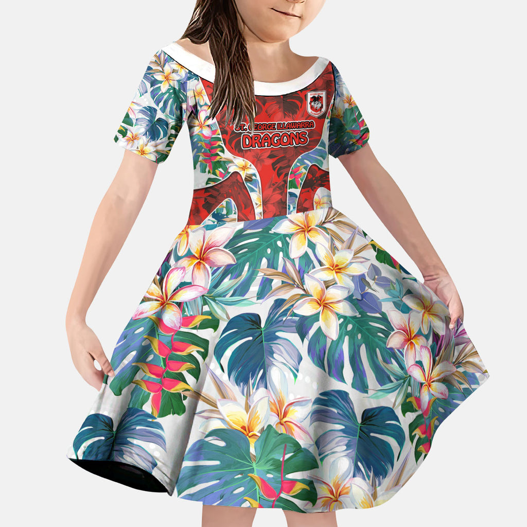 St George Illawarra Dragons Kid Short Sleeve Dress Tropical Hibiscus Floral Pattern With Red And White Accents