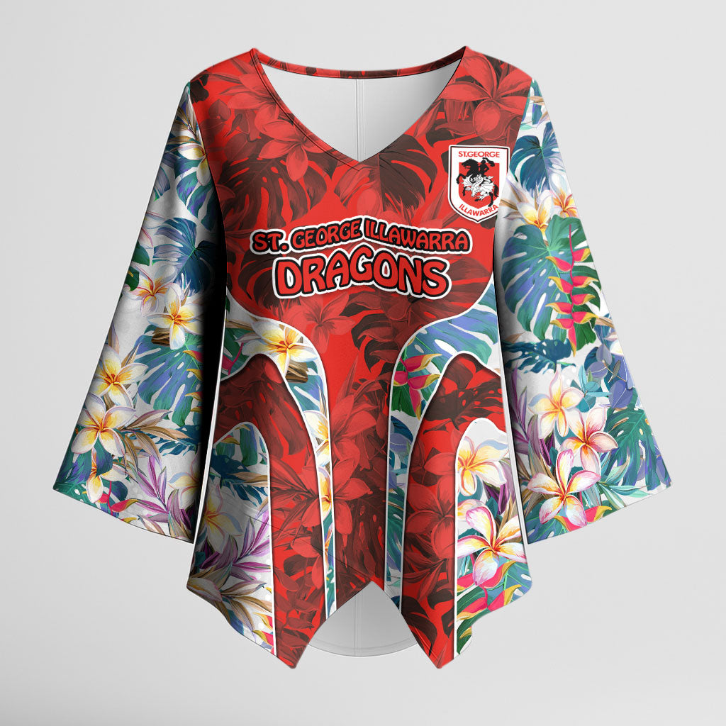 St George Illawarra Dragons Kimono Sleeve Blouse Tropical Hibiscus Floral Pattern With Red And White Accents