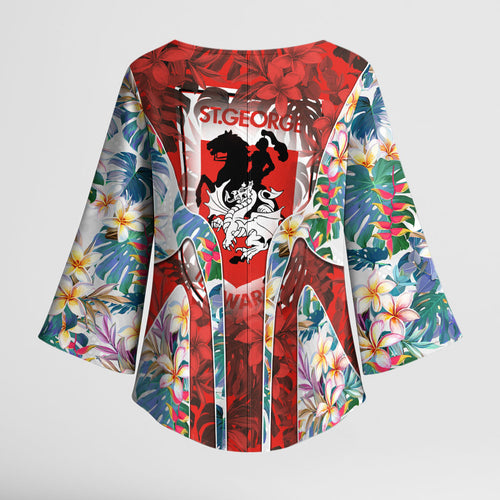 St George Illawarra Dragons Kimono Sleeve Blouse Tropical Hibiscus Floral Pattern With Red And White Accents