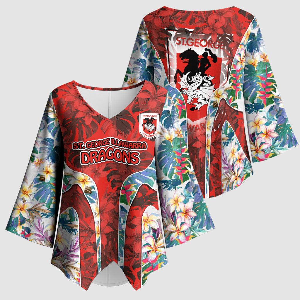 St George Illawarra Dragons Kimono Sleeve Blouse Tropical Hibiscus Floral Pattern With Red And White Accents