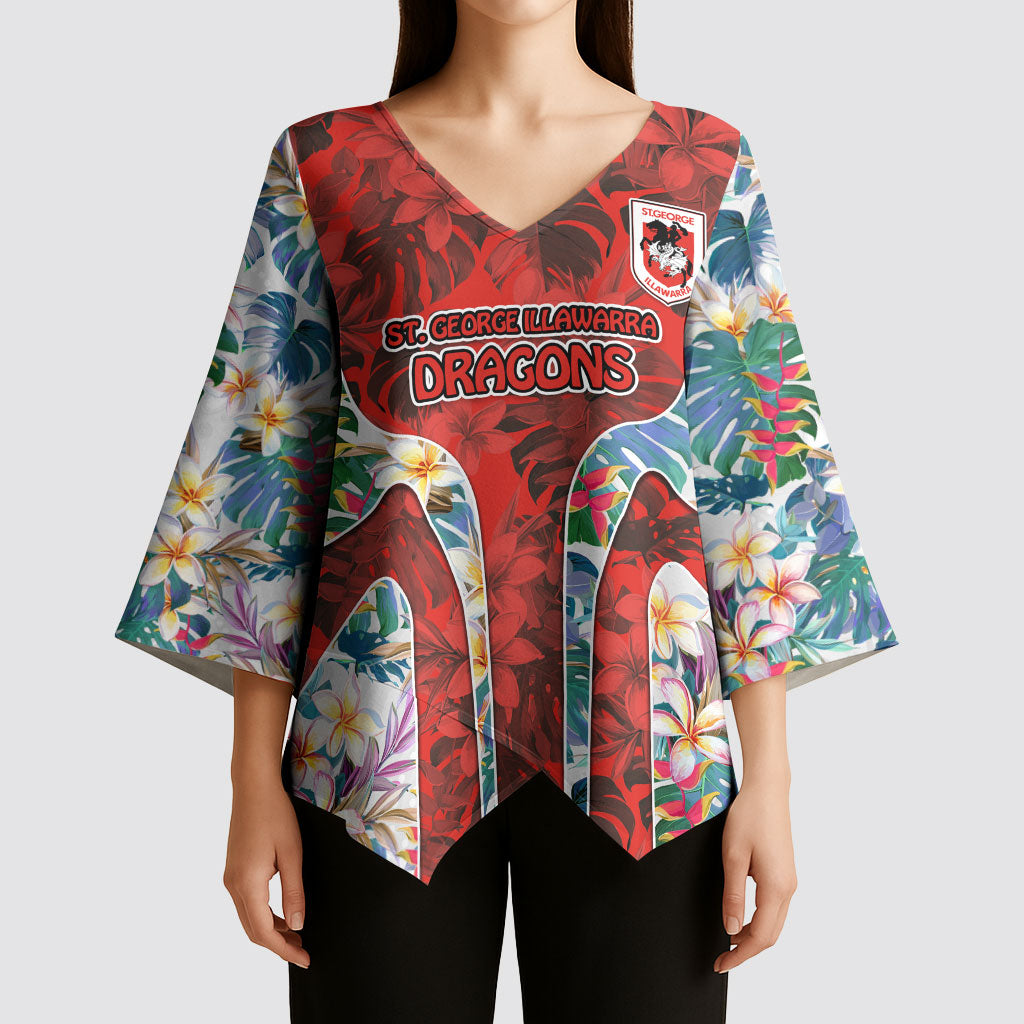 St George Illawarra Dragons Kimono Sleeve Blouse Tropical Hibiscus Floral Pattern With Red And White Accents