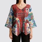 St George Illawarra Dragons Kimono Sleeve Blouse Tropical Hibiscus Floral Pattern With Red And White Accents