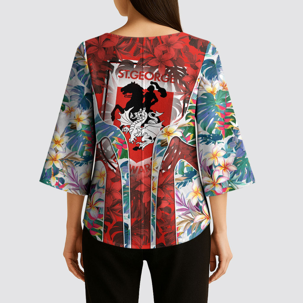 St George Illawarra Dragons Kimono Sleeve Blouse Tropical Hibiscus Floral Pattern With Red And White Accents