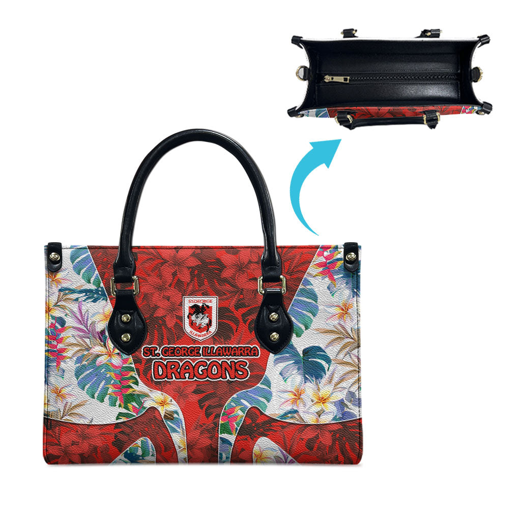 St George Illawarra Dragons Leather Bag Tropical Hibiscus Floral Pattern With Red And White Accents