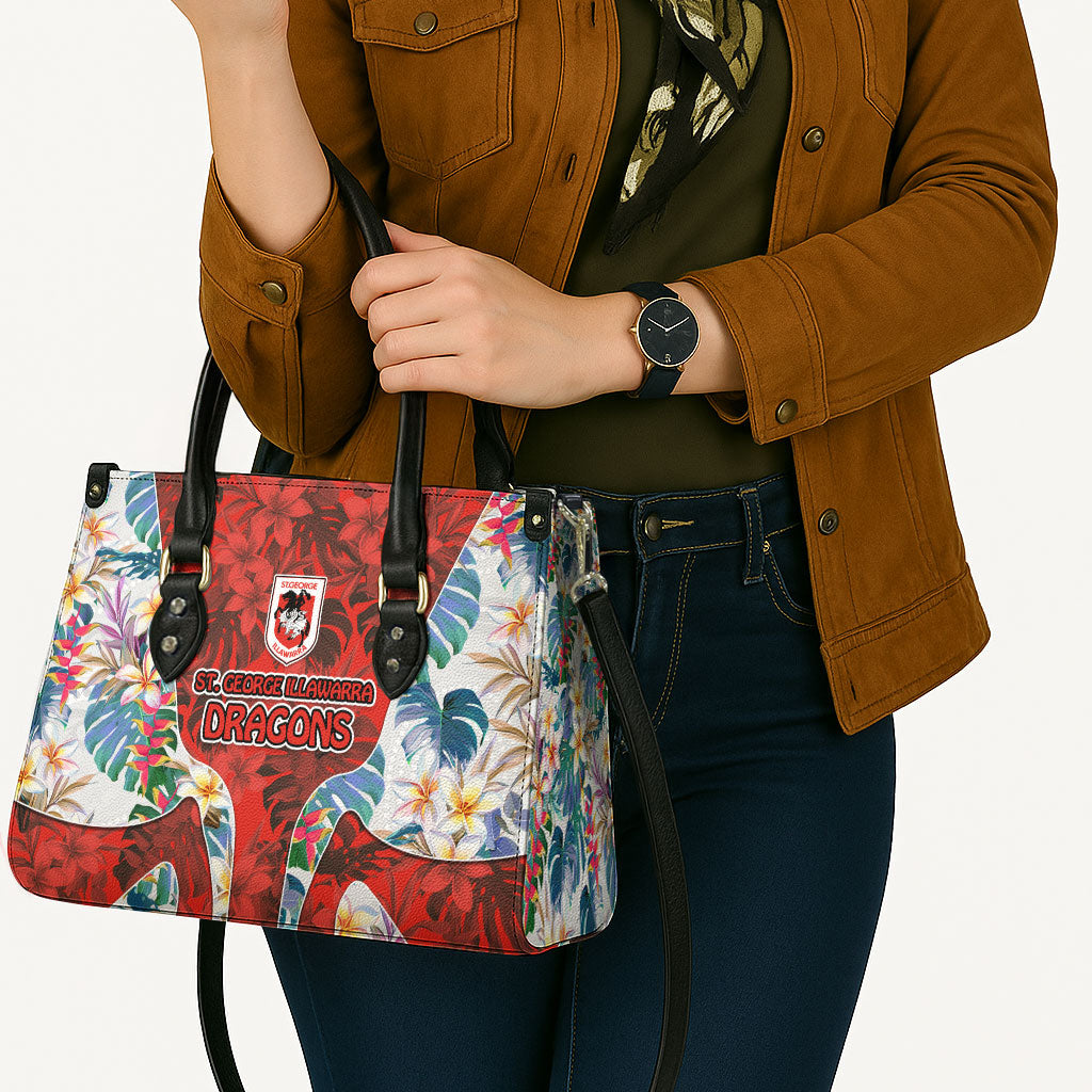 St George Illawarra Dragons Leather Bag Tropical Hibiscus Floral Pattern With Red And White Accents