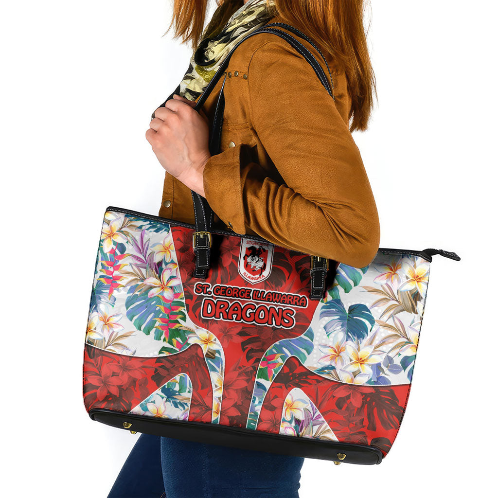 St George Illawarra Dragons Leather Tote Bag Tropical Hibiscus Floral Pattern With Red And White Accents