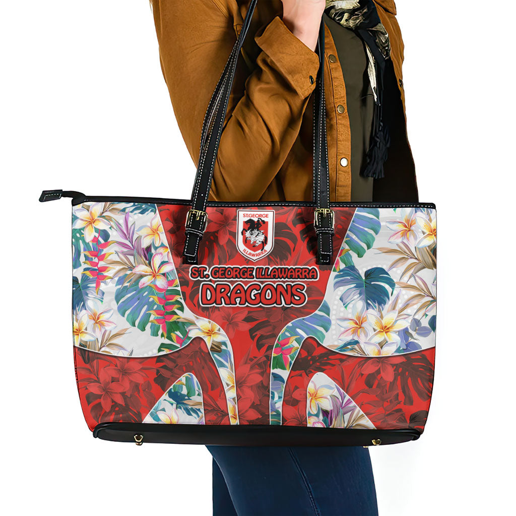 St George Illawarra Dragons Leather Tote Bag Tropical Hibiscus Floral Pattern With Red And White Accents