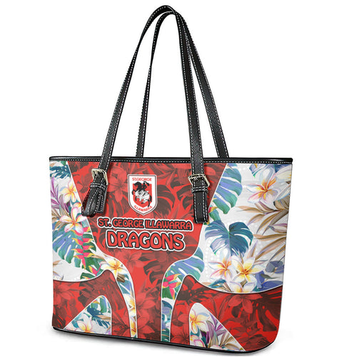 St George Illawarra Dragons Leather Tote Bag Tropical Hibiscus Floral Pattern With Red And White Accents