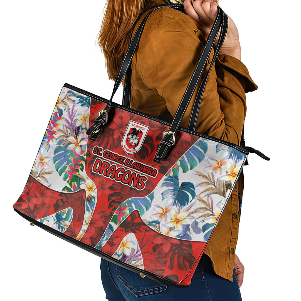 St George Illawarra Dragons Leather Tote Bag Tropical Hibiscus Floral Pattern With Red And White Accents