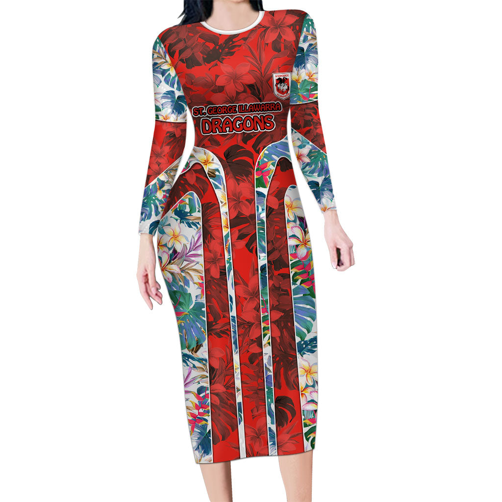 St George Illawarra Dragons Long Sleeve Bodycon Dress Tropical Hibiscus Floral Pattern With Red And White Accents