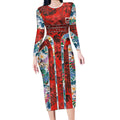St George Illawarra Dragons Long Sleeve Bodycon Dress Tropical Hibiscus Floral Pattern With Red And White Accents