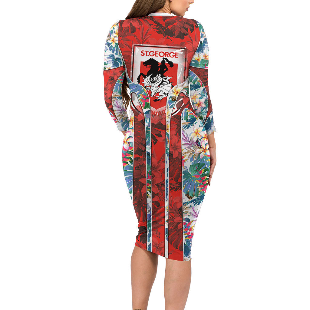 St George Illawarra Dragons Long Sleeve Bodycon Dress Tropical Hibiscus Floral Pattern With Red And White Accents