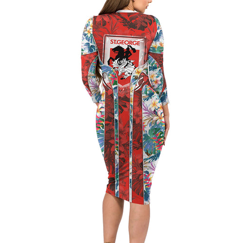 St George Illawarra Dragons Long Sleeve Bodycon Dress Tropical Hibiscus Floral Pattern With Red And White Accents