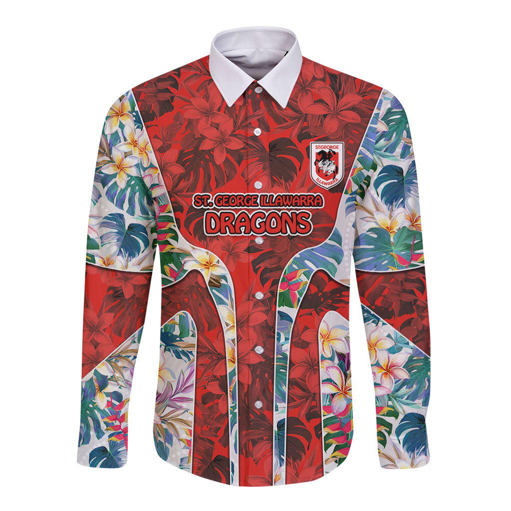St George Illawarra Dragons Long Sleeve Button Shirt Tropical Hibiscus Floral Pattern With Red And White Accents