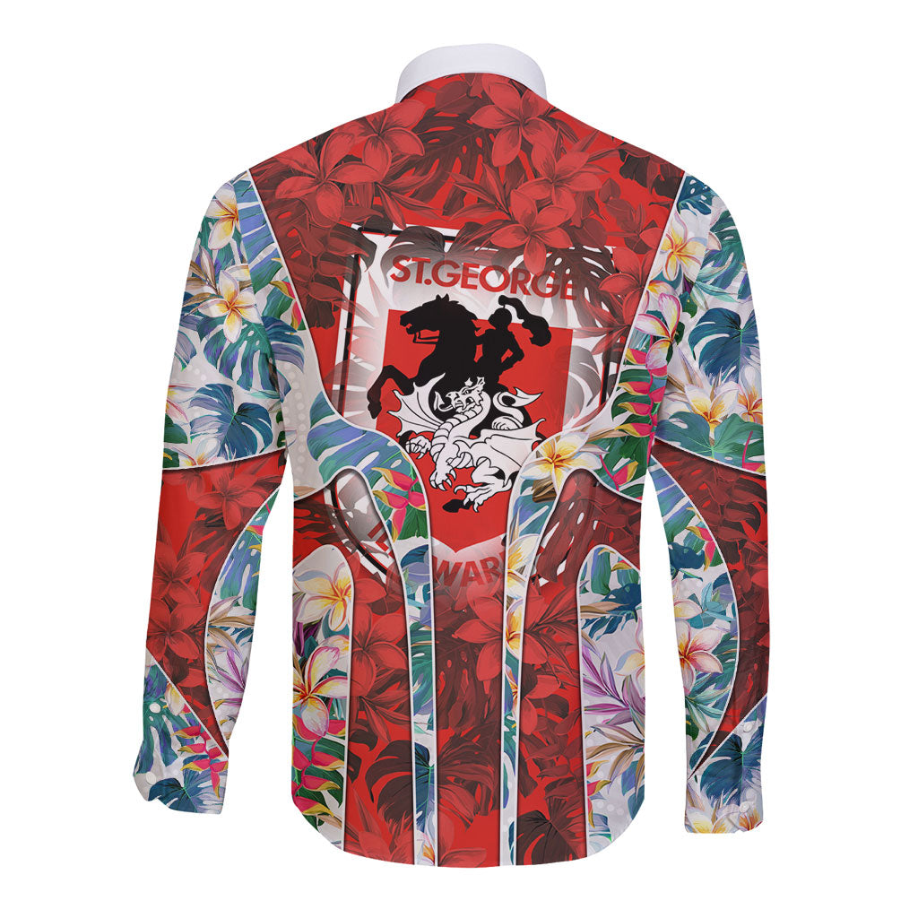 St George Illawarra Dragons Long Sleeve Button Shirt Tropical Hibiscus Floral Pattern With Red And White Accents
