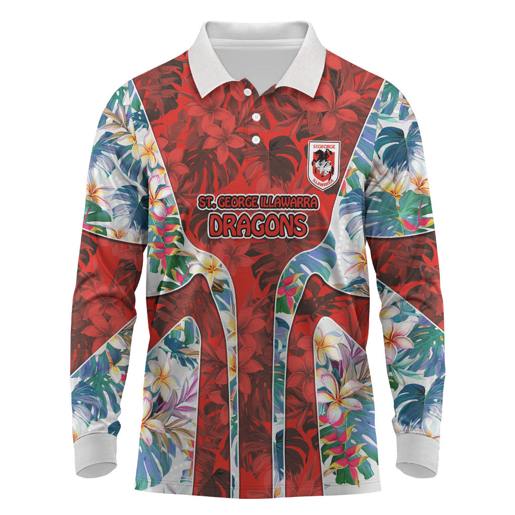 St George Illawarra Dragons Long Sleeve Polo Shirt Tropical Hibiscus Floral Pattern With Red And White Accents