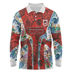 St George Illawarra Dragons Long Sleeve Polo Shirt Tropical Hibiscus Floral Pattern With Red And White Accents