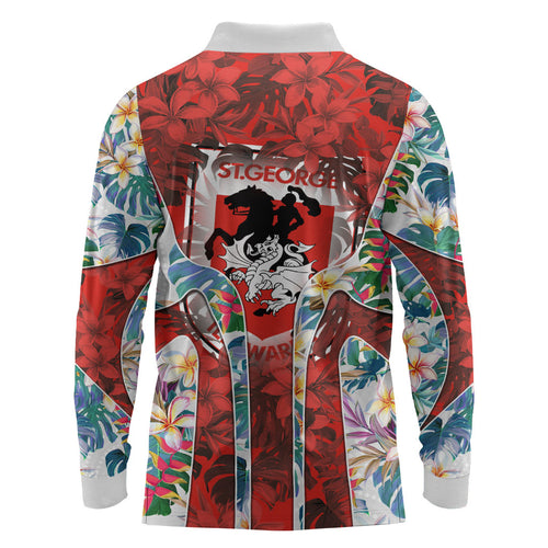 St George Illawarra Dragons Long Sleeve Polo Shirt Tropical Hibiscus Floral Pattern With Red And White Accents