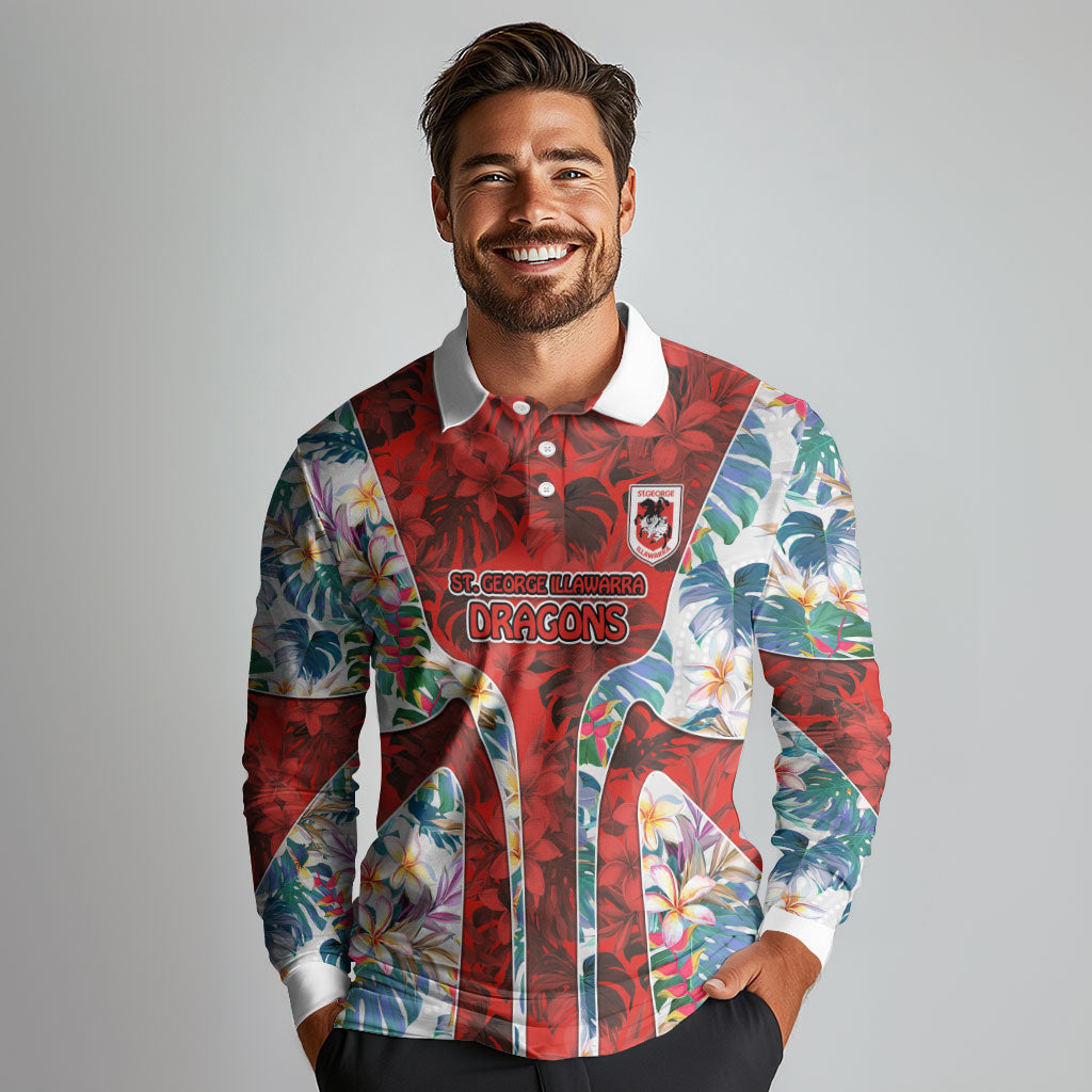 St George Illawarra Dragons Long Sleeve Polo Shirt Tropical Hibiscus Floral Pattern With Red And White Accents