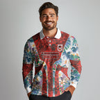 St George Illawarra Dragons Long Sleeve Polo Shirt Tropical Hibiscus Floral Pattern With Red And White Accents