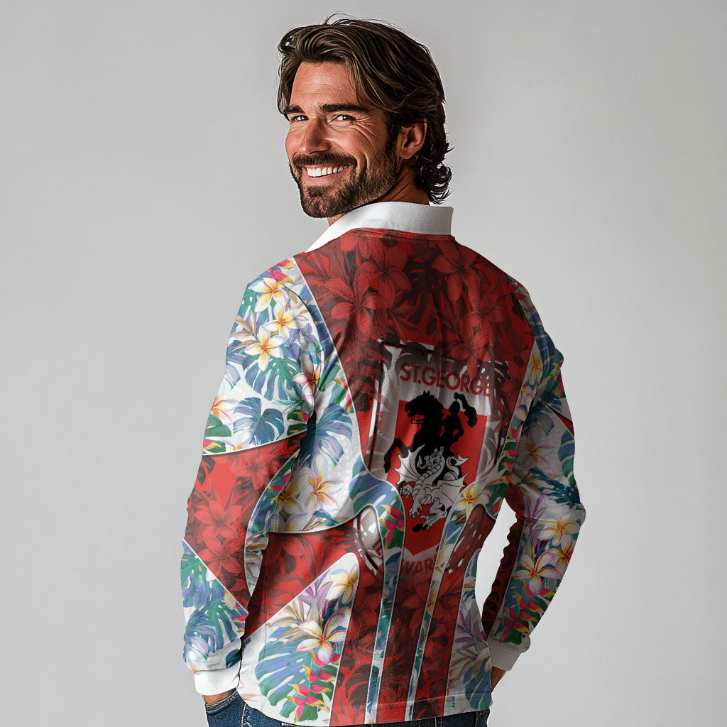 St George Illawarra Dragons Long Sleeve Polo Shirt Tropical Hibiscus Floral Pattern With Red And White Accents