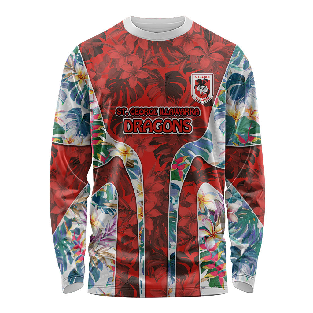 St George Illawarra Dragons Long Sleeve Shirt Tropical Hibiscus Floral Pattern With Red And White Accents