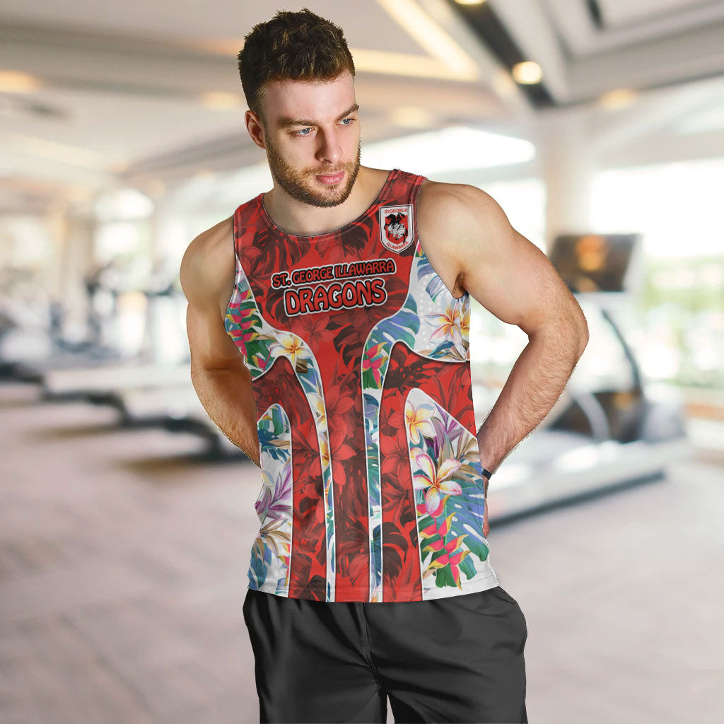 St George Illawarra Dragons Men Tank Top Tropical Hibiscus Floral Pattern With Red And White Accents