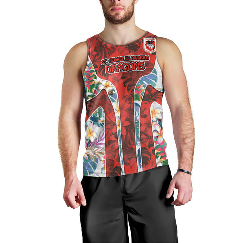 St George Illawarra Dragons Men Tank Top Tropical Hibiscus Floral Pattern With Red And White Accents