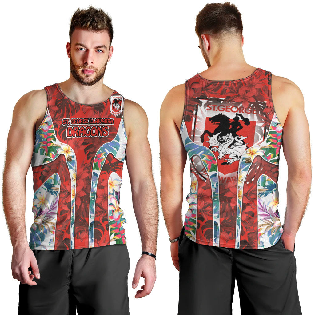 St George Illawarra Dragons Men Tank Top Tropical Hibiscus Floral Pattern With Red And White Accents