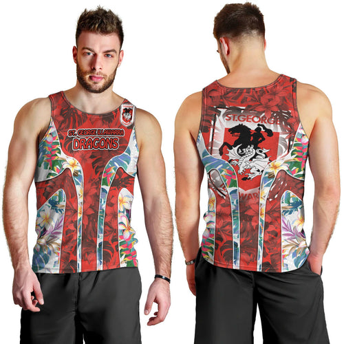 St George Illawarra Dragons Men Tank Top Tropical Hibiscus Floral Pattern With Red And White Accents