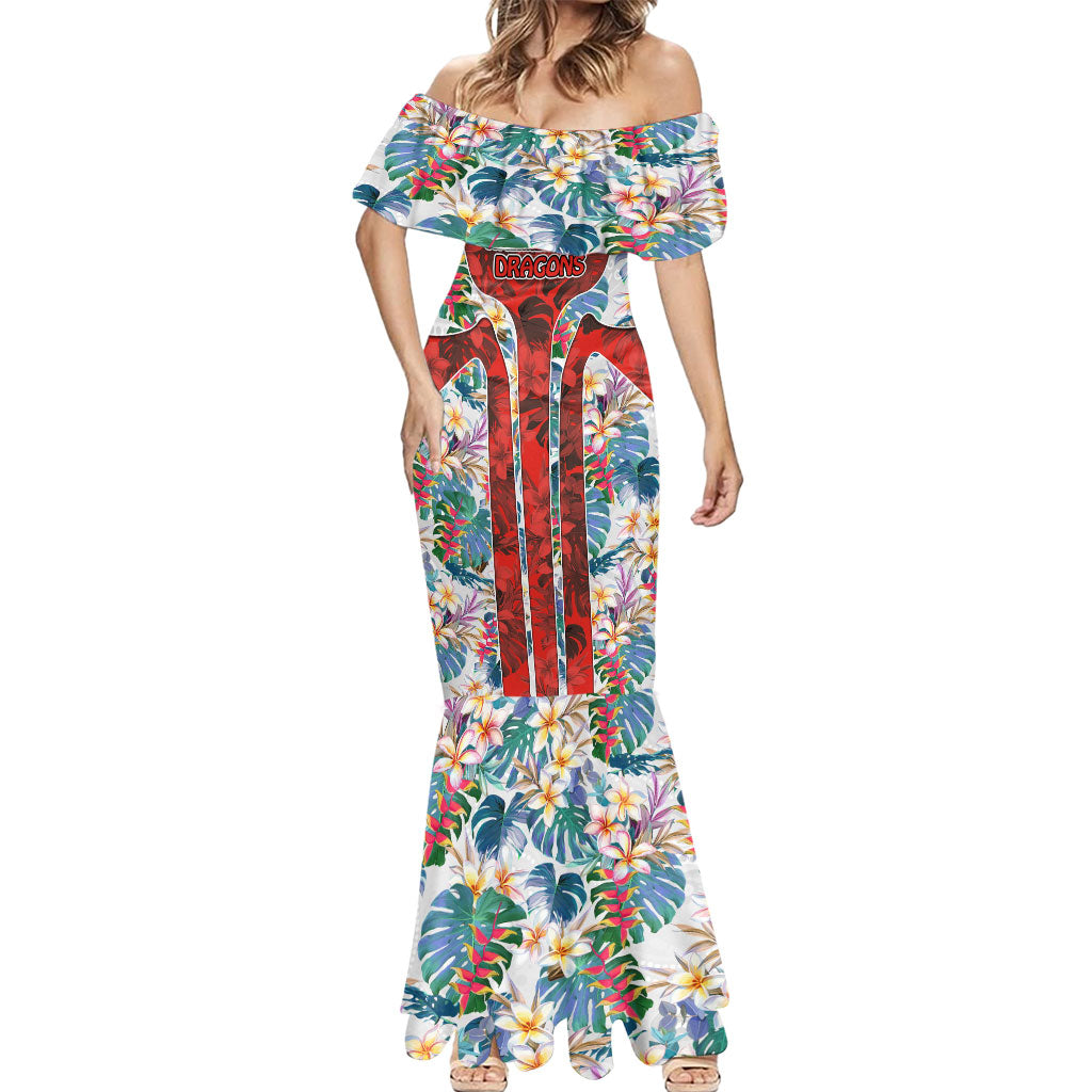 St George Illawarra Dragons Mermaid Dress Tropical Hibiscus Floral Pattern With Red And White Accents