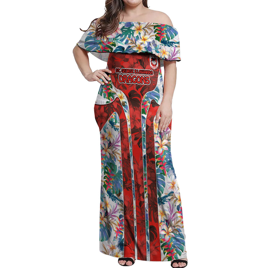 St George Illawarra Dragons Off Shoulder Maxi Dress Tropical Hibiscus Floral Pattern With Red And White Accents