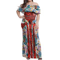 St George Illawarra Dragons Off Shoulder Maxi Dress Tropical Hibiscus Floral Pattern With Red And White Accents