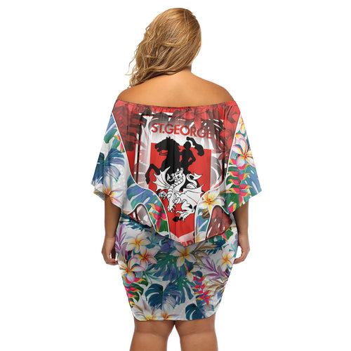 St George Illawarra Dragons Off Shoulder Short Dress Tropical Hibiscus Floral Pattern With Red And White Accents