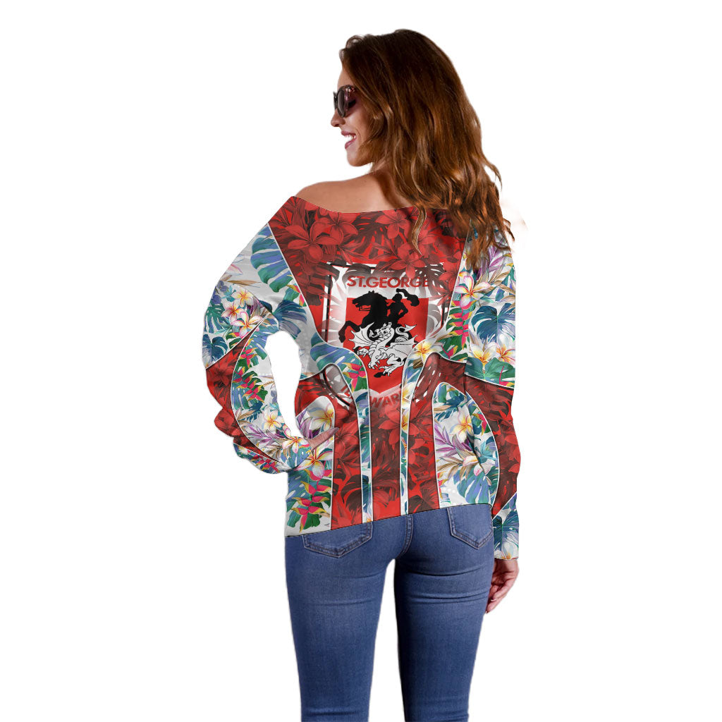 St George Illawarra Dragons Off Shoulder Sweater Tropical Hibiscus Floral Pattern With Red And White Accents