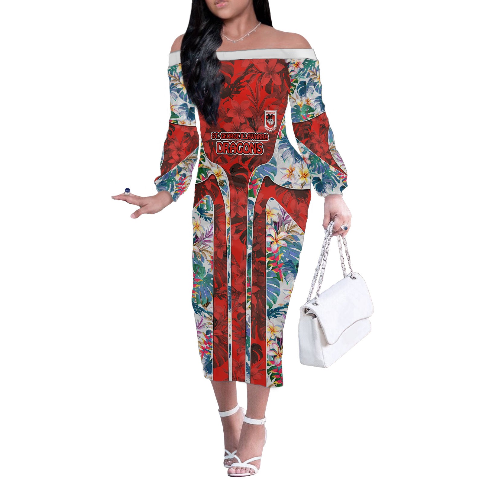 St George Illawarra Dragons Off The Shoulder Long Sleeve Dress Tropical Hibiscus Floral Pattern With Red And White Accents
