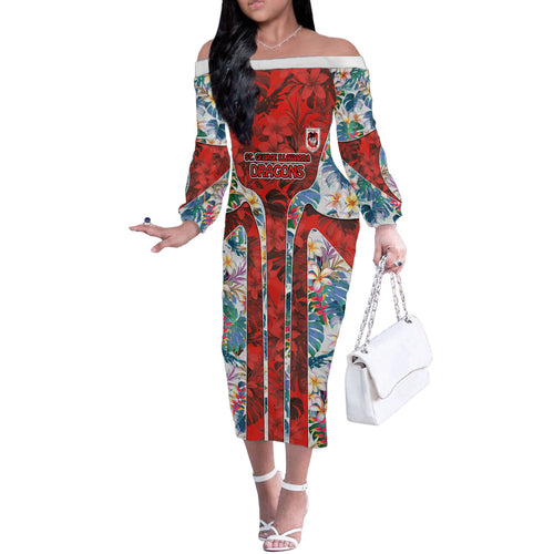 St George Illawarra Dragons Off The Shoulder Long Sleeve Dress Tropical Hibiscus Floral Pattern With Red And White Accents