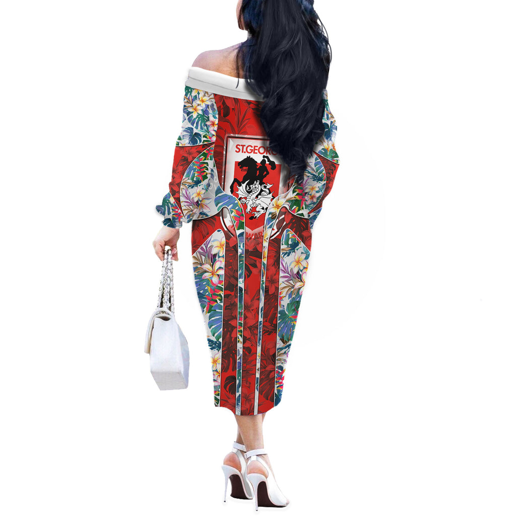St George Illawarra Dragons Off The Shoulder Long Sleeve Dress Tropical Hibiscus Floral Pattern With Red And White Accents
