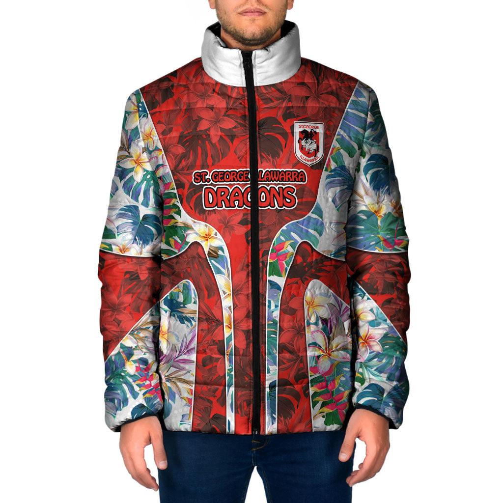 St George Illawarra Dragons Padded Jacket Tropical Hibiscus Floral Pattern With Red And White Accents