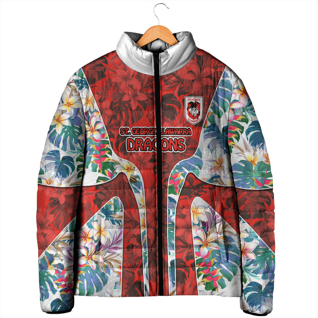 St George Illawarra Dragons Padded Jacket Tropical Hibiscus Floral Pattern With Red And White Accents