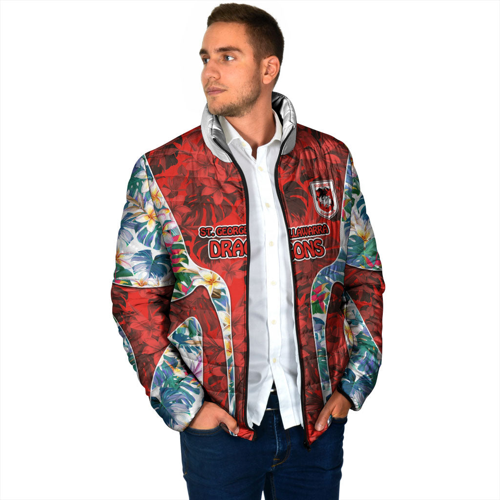 St George Illawarra Dragons Padded Jacket Tropical Hibiscus Floral Pattern With Red And White Accents
