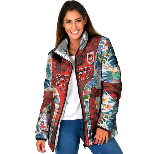 St George Illawarra Dragons Padded Jacket Tropical Hibiscus Floral Pattern With Red And White Accents