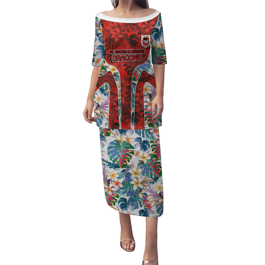 St George Illawarra Dragons Puletasi Tropical Hibiscus Floral Pattern With Red And White Accents