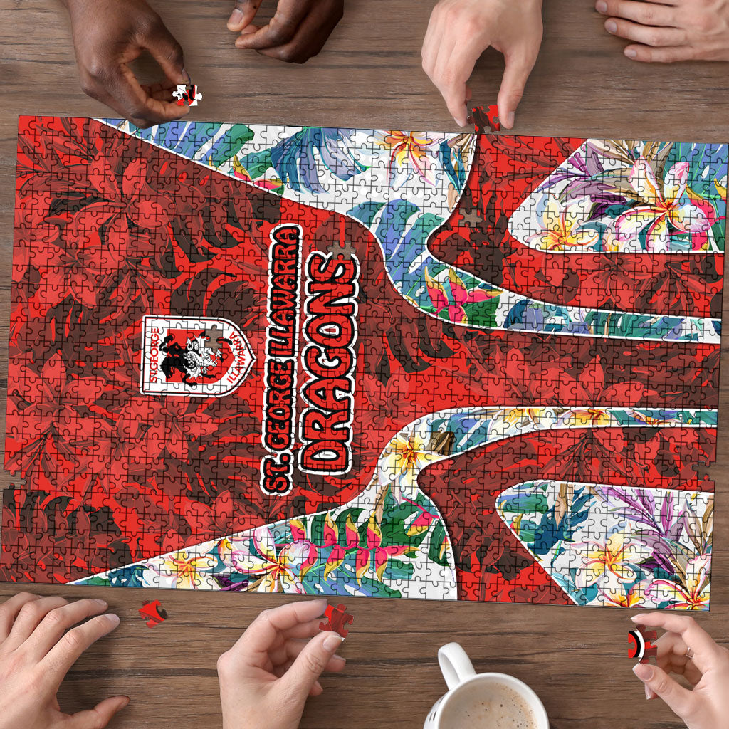 St George Illawarra Dragons Puzzle Tropical Hibiscus Floral Pattern With Red And White Accents
